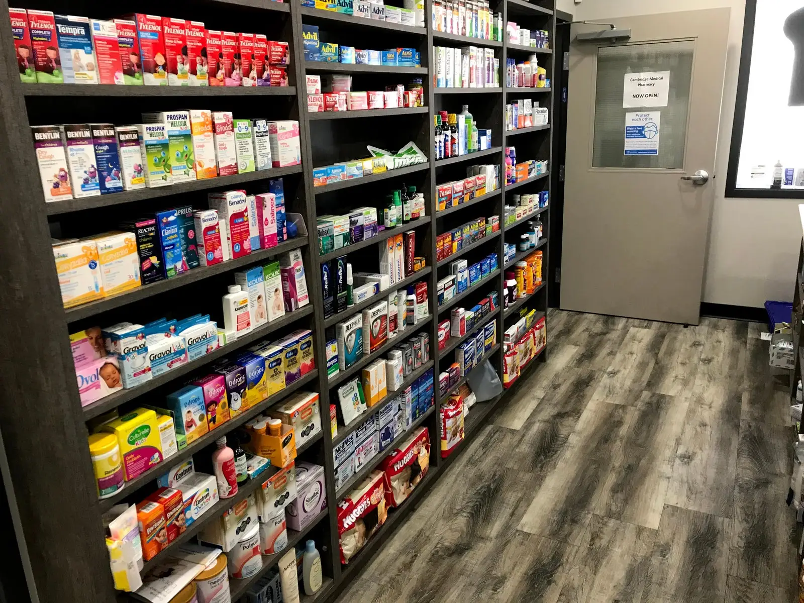 Bright aisle of shelves stocked with health products