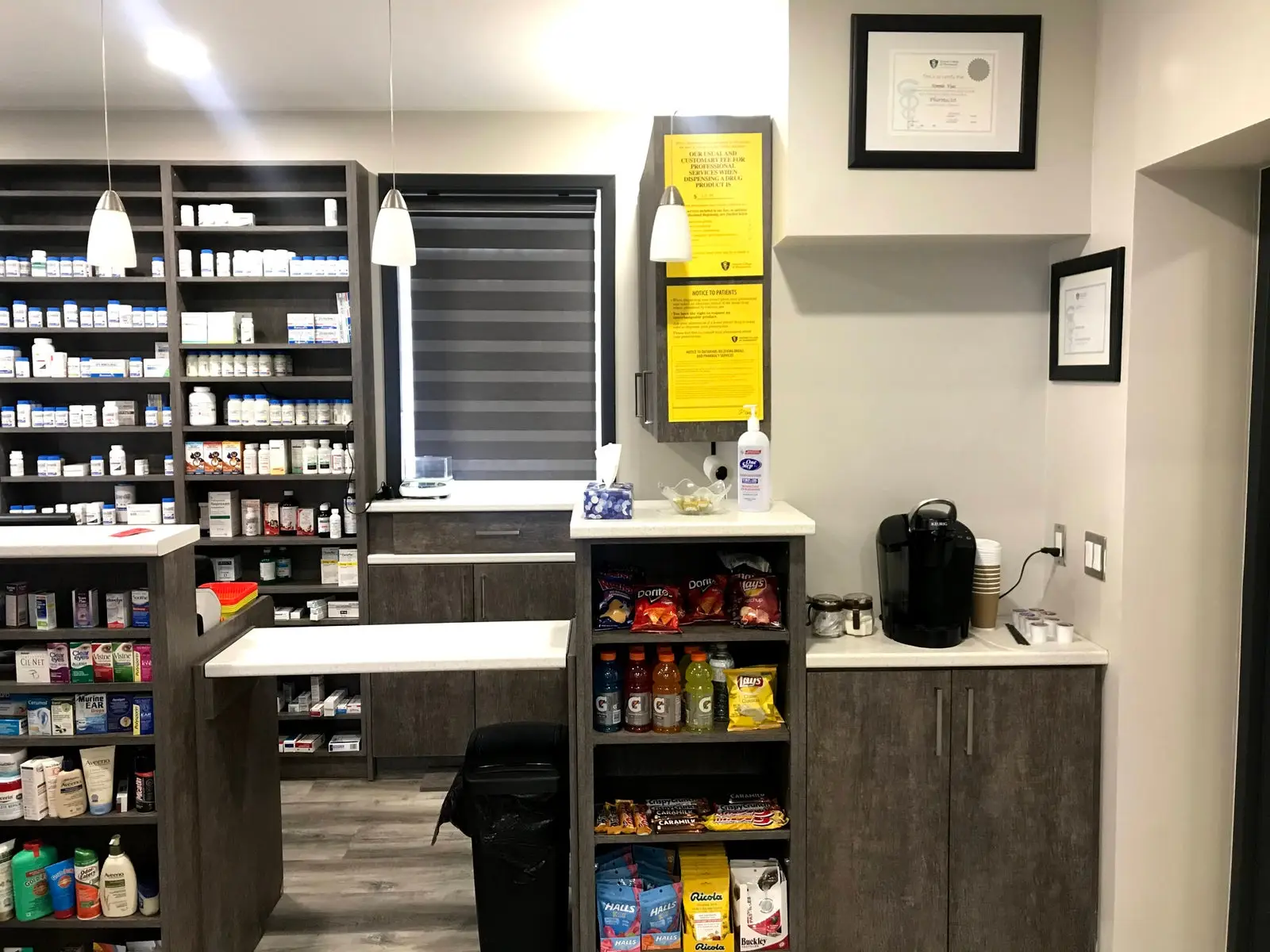The pharmacy counter and consultation area